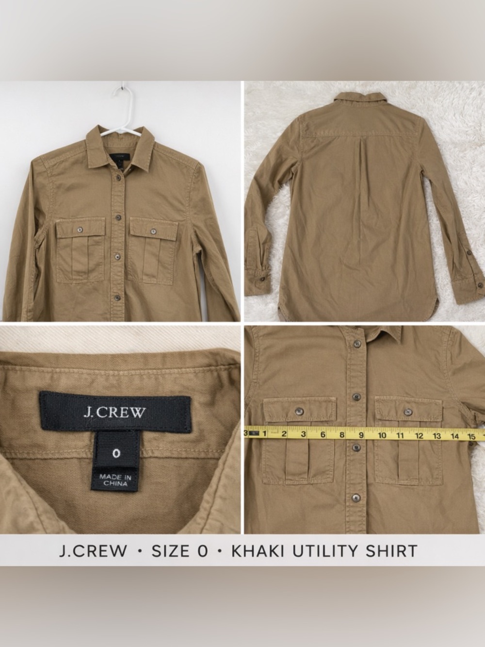J.Crew Khaki Utility Button Down Shirt Size 0 Cotton Long Sleeve Classic